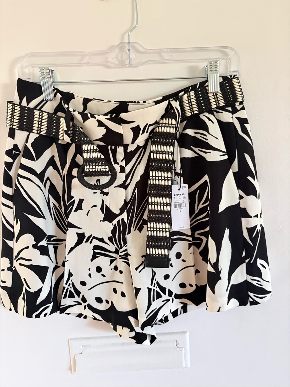 Express Black and White Floral Paperbag-Waist Shorts with Woven Belt
